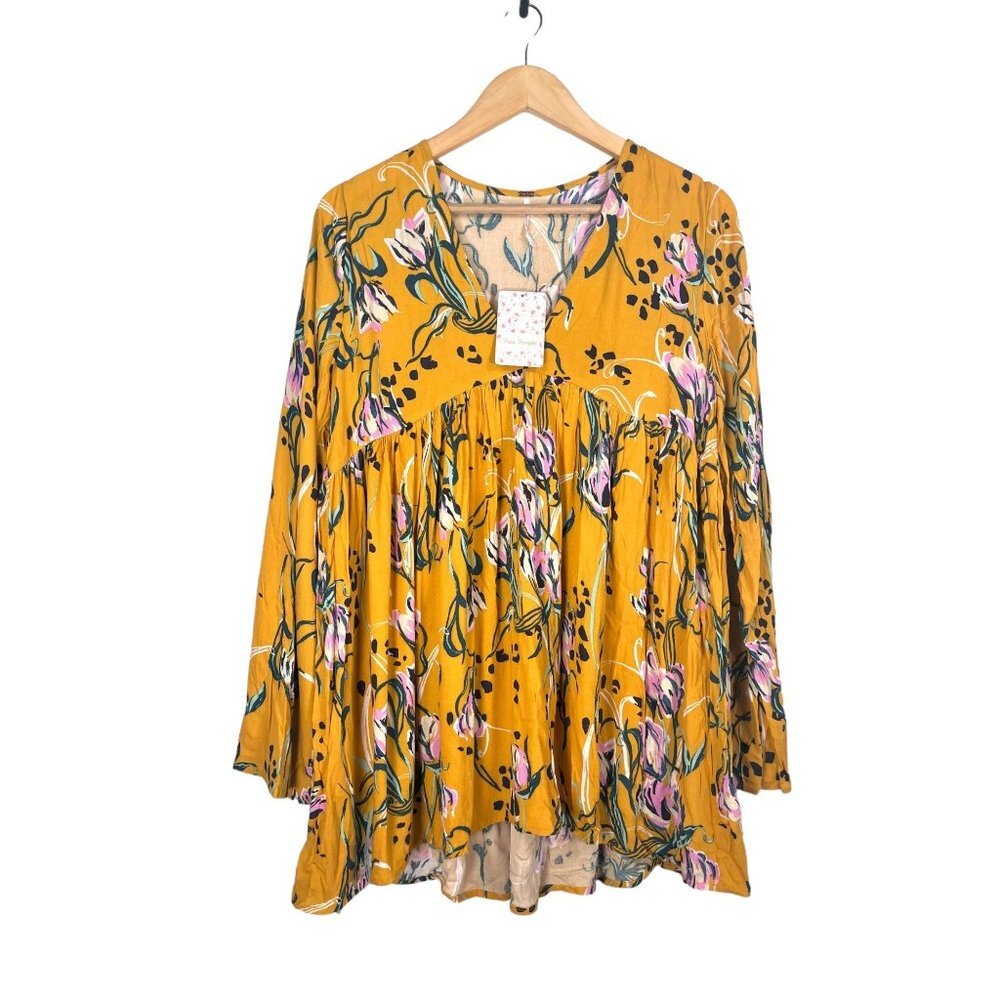 FREE PEOPLE Bella Floral-print Tunic Mini Dress Yellow gold sz S